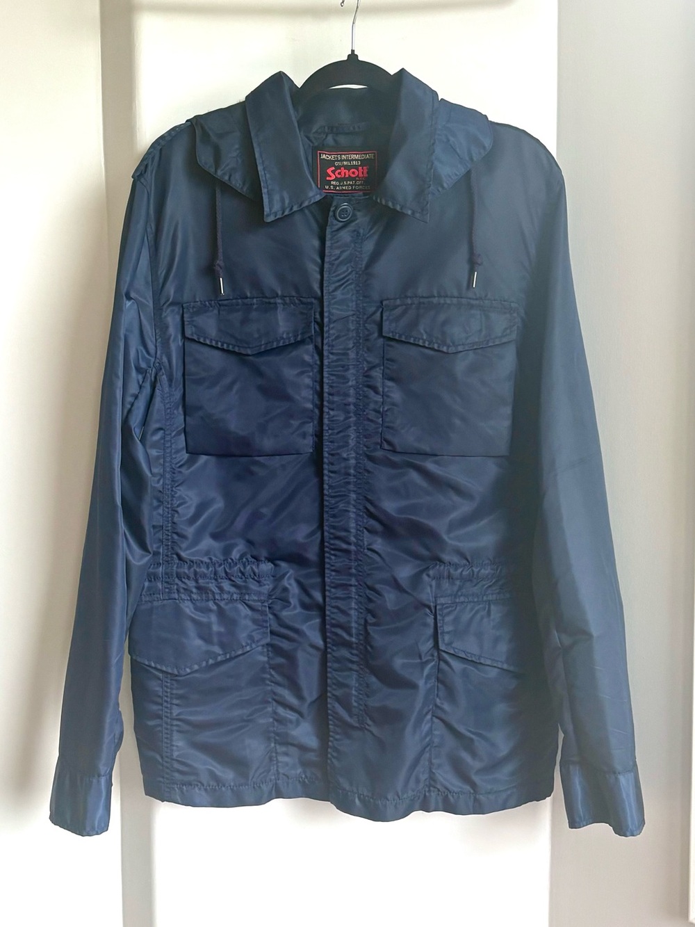 Schott NYC Field Military Hooded Rain Jacket Nylon Medium Navy Blue Men's NWOT